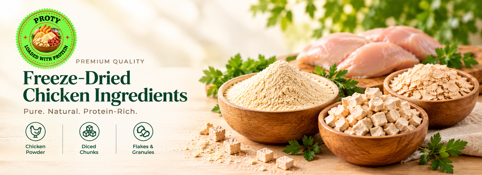 Freeze-dried Chicken Powder, Chunks and Dices